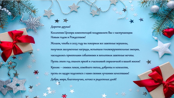 Дорогие друзья!
Коллектив Центра компетенций поздравляет Вас с наступающим Новым годом и Рождеством!