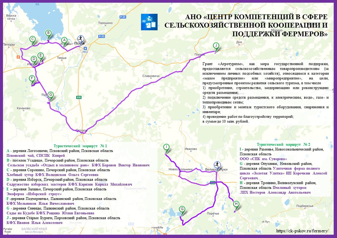 Сельские туристические маршруты Псковской области, включающие объекты сельского туризма на базе КФХ региона
